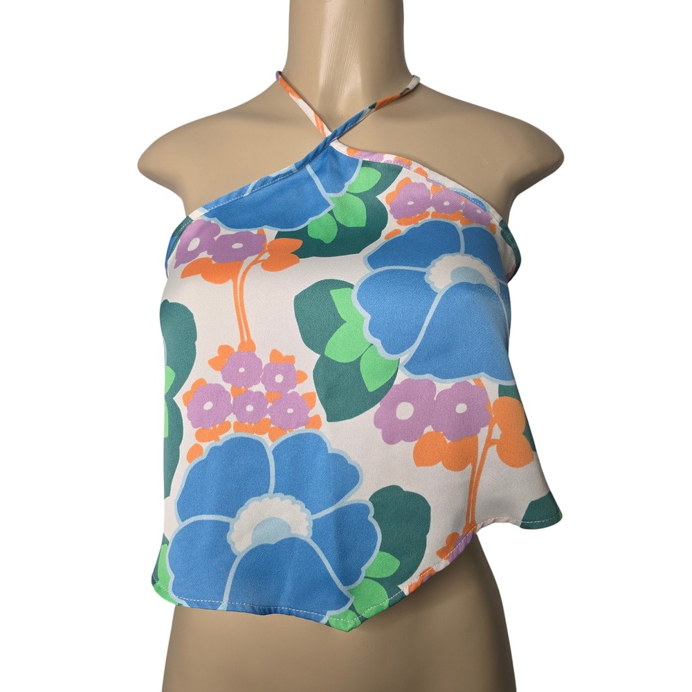 Zara Halter Top Women Medium Blue Floral Handkerchief Hem Open Back Festival